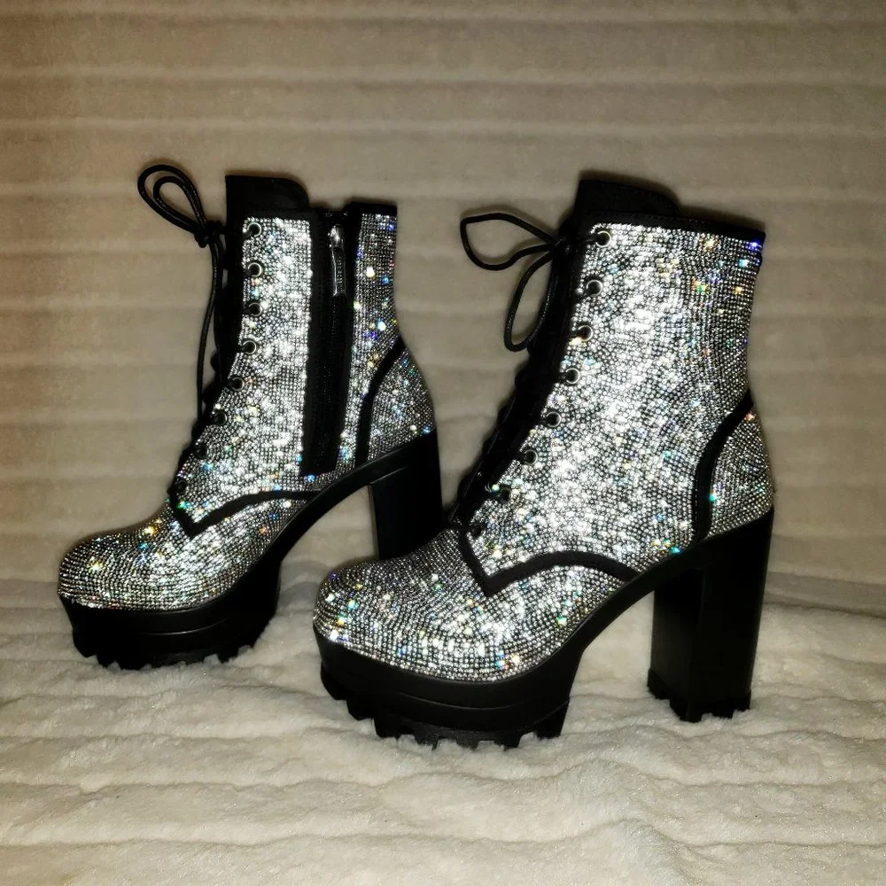 Cape Robbin Silver Crystal Lace-Up Platform Ankle Boots - Picture 2 of 15